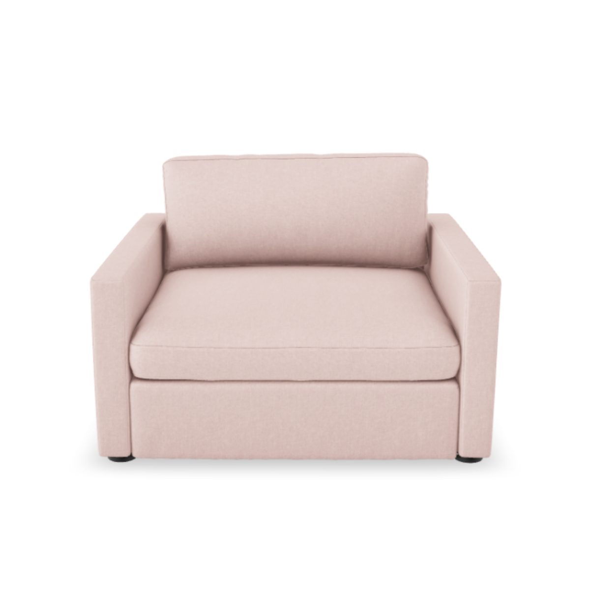Lucie Fåtölj Blush. Lucie är en stilren lounge-fåtölj i rosa linne som tillhör vårt modulära soffsystem med samma namn.