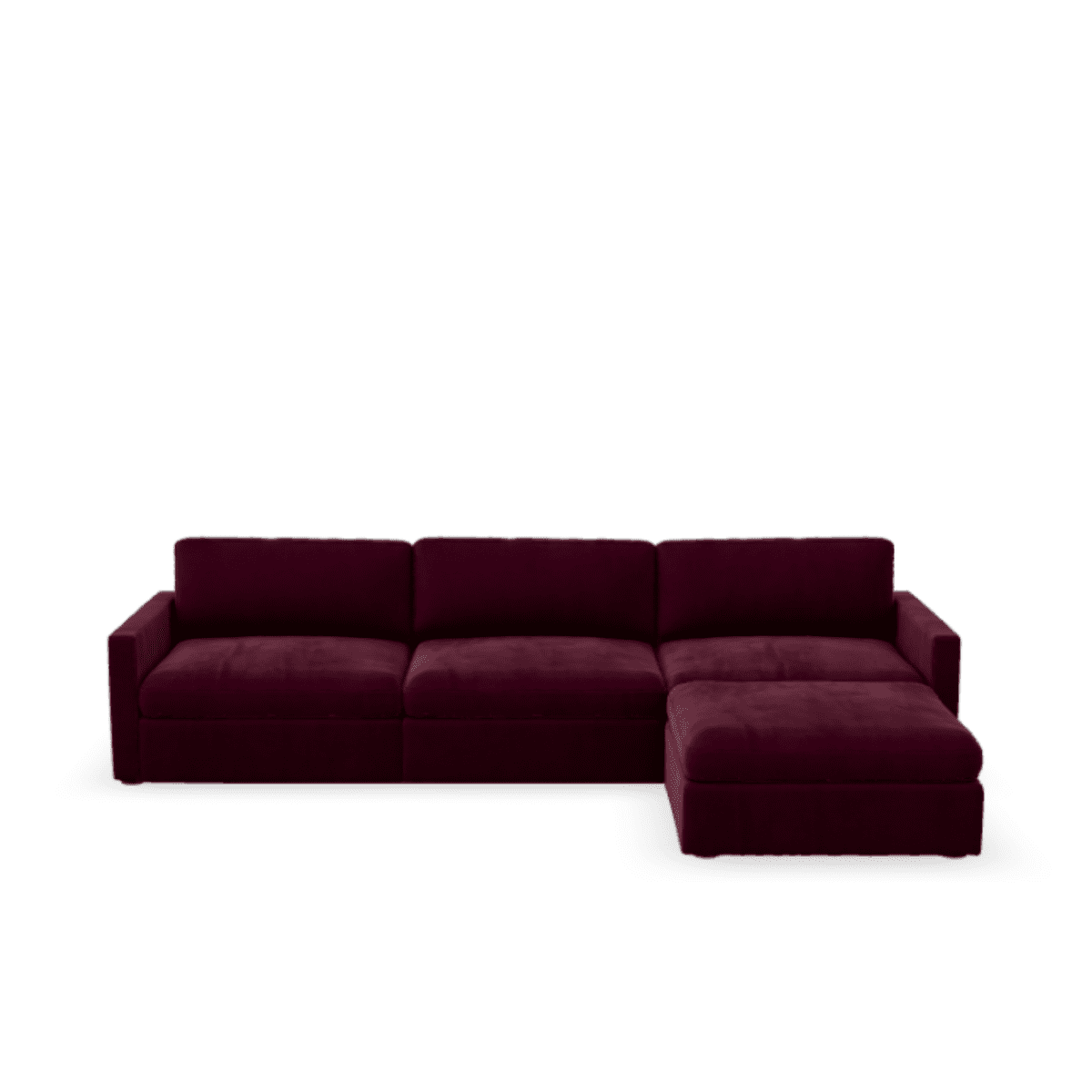 Lucie Grande 3-Sitssoffa (med fotpall) Ruby Red. Lucie är en djup och rymlig modulsoffa i vinröd sammet.