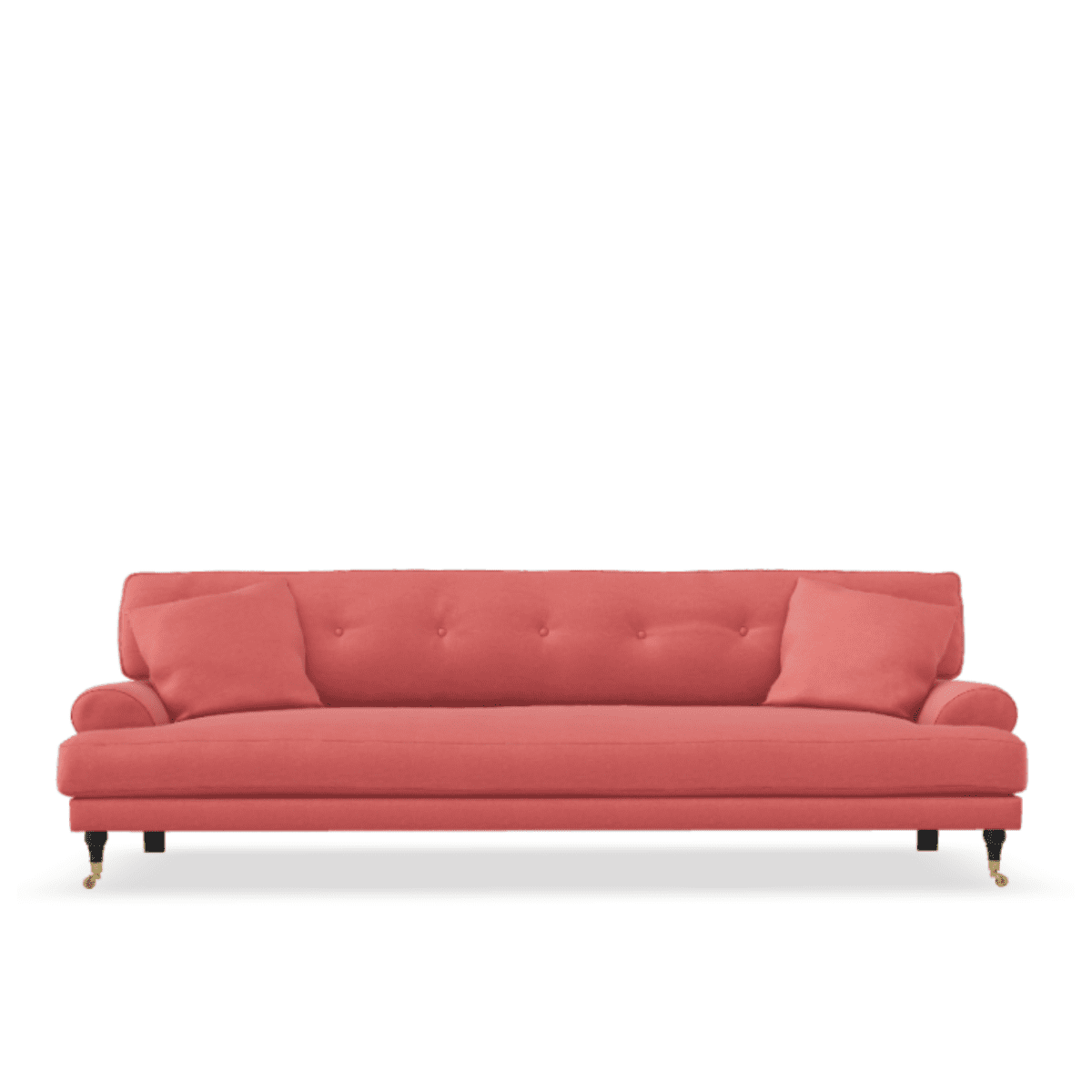 Blanca 3-Sitssoffa Coral. Soffa i korallröd chenille med mörkbetsade träben, stoppade knappar och mässinghjul.