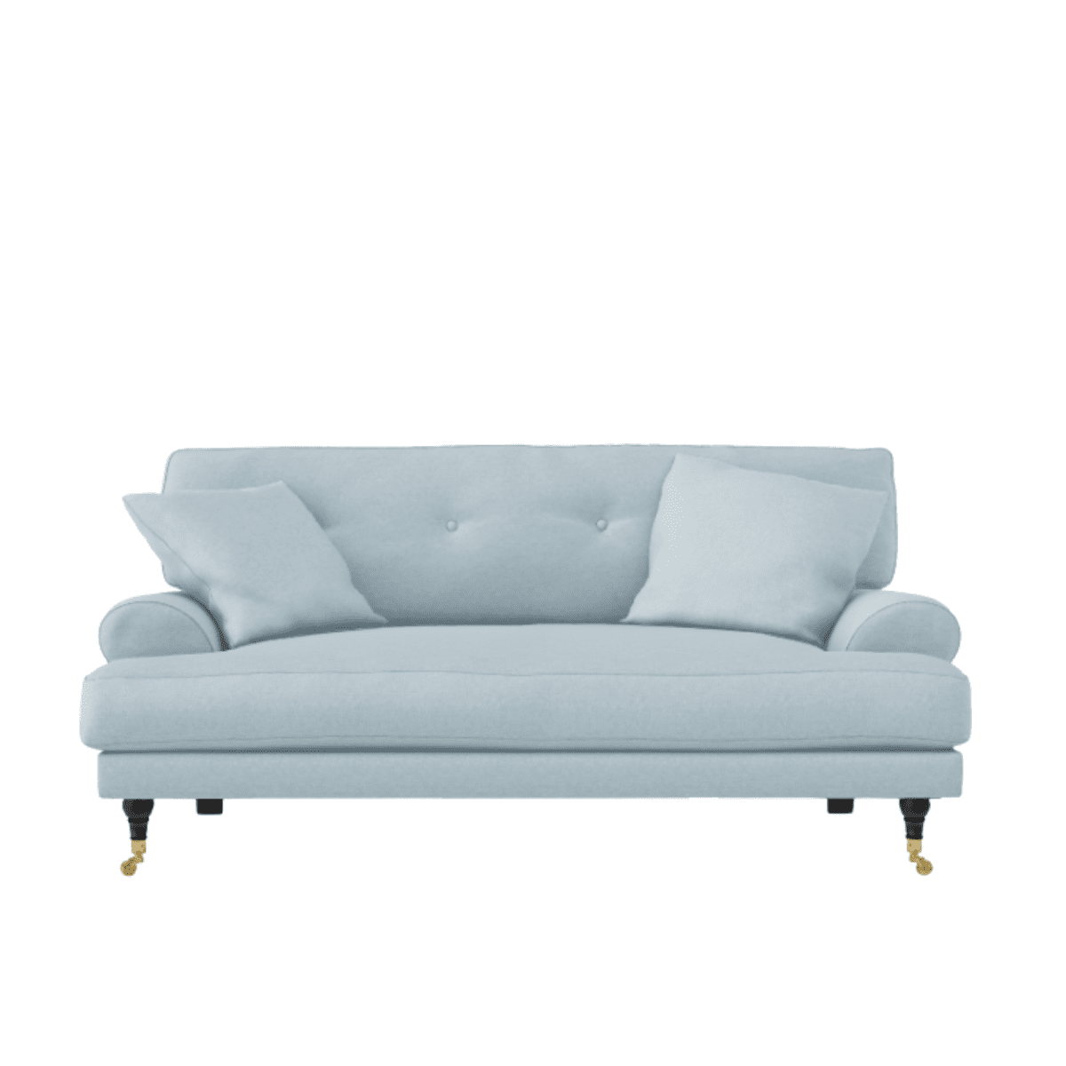 Blanca Love Seat Baby Blue. Liten soffa i ljusblå chenille med mörkbetsade träben, stoppade knappar och mässinghjul.