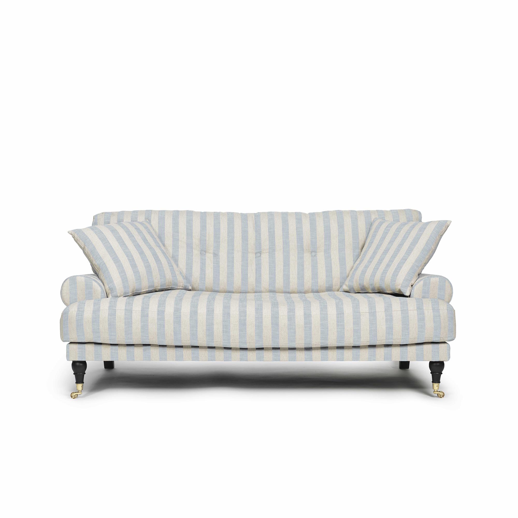 Randig soffa i ljusblått och beige linnetyg i Howard modell
