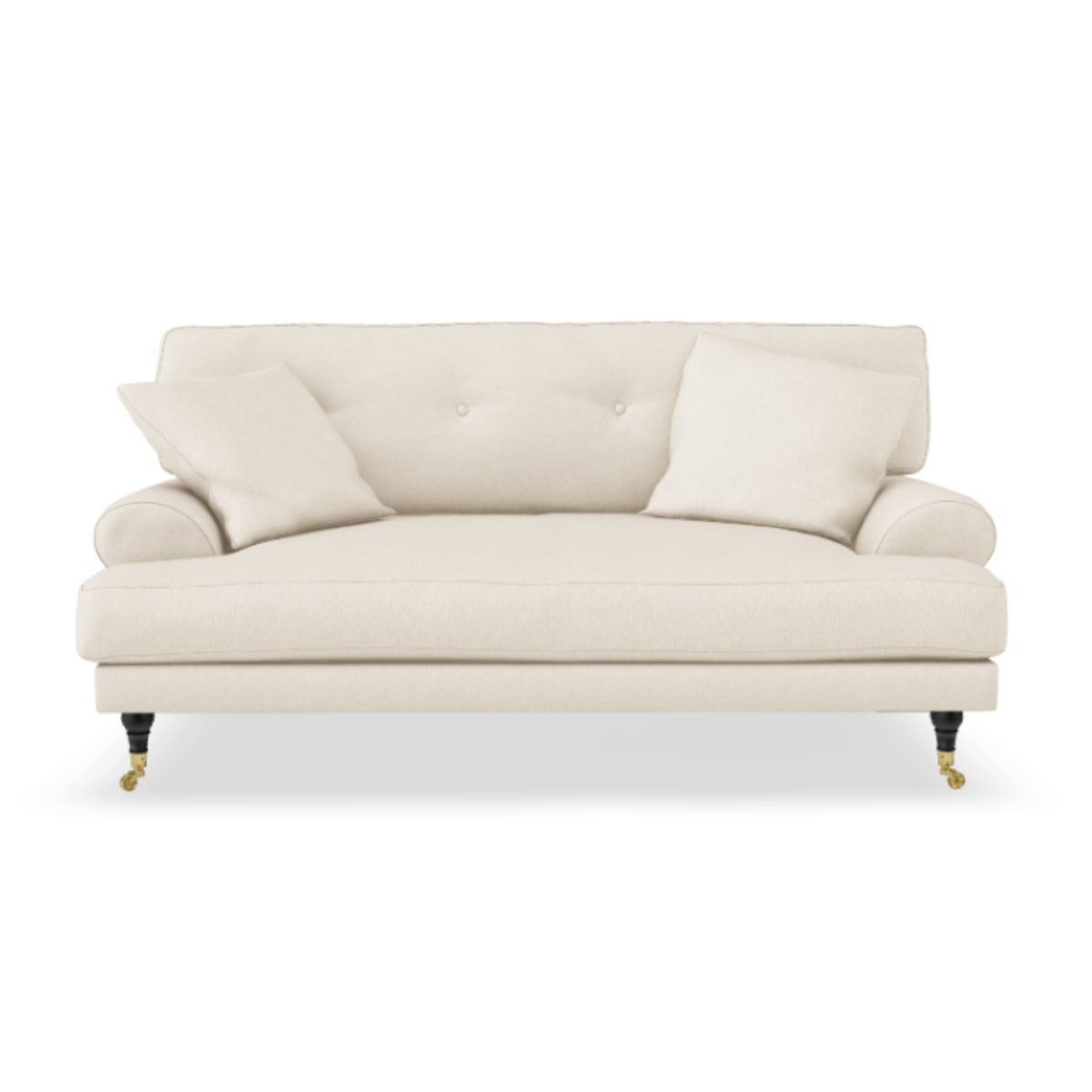 Blanca Love Seat Eggshell. Liten soffa i äggskalsvit bouclé med mörkbetsade träben, stoppade knappar och mässinghjul.