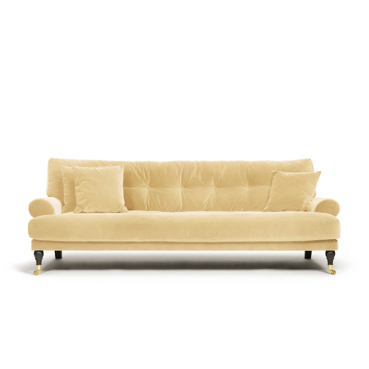 Blanca 3-Sitssoffa Creme är en Howard-soffa i ljusgul sammet från Melimeli