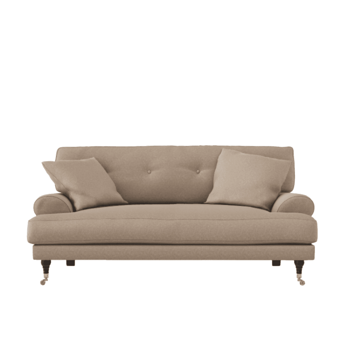 Blanca Love Seat Elephant. Liten soffa i ljusbrun chenille med mörkbetsade träben, stoppade knappar och mässinghjul.