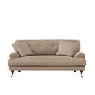 Blanca Love Seat Elephant. Liten soffa i ljusbrun chenille med mörkbetsade träben, stoppade knappar och mässinghjul.