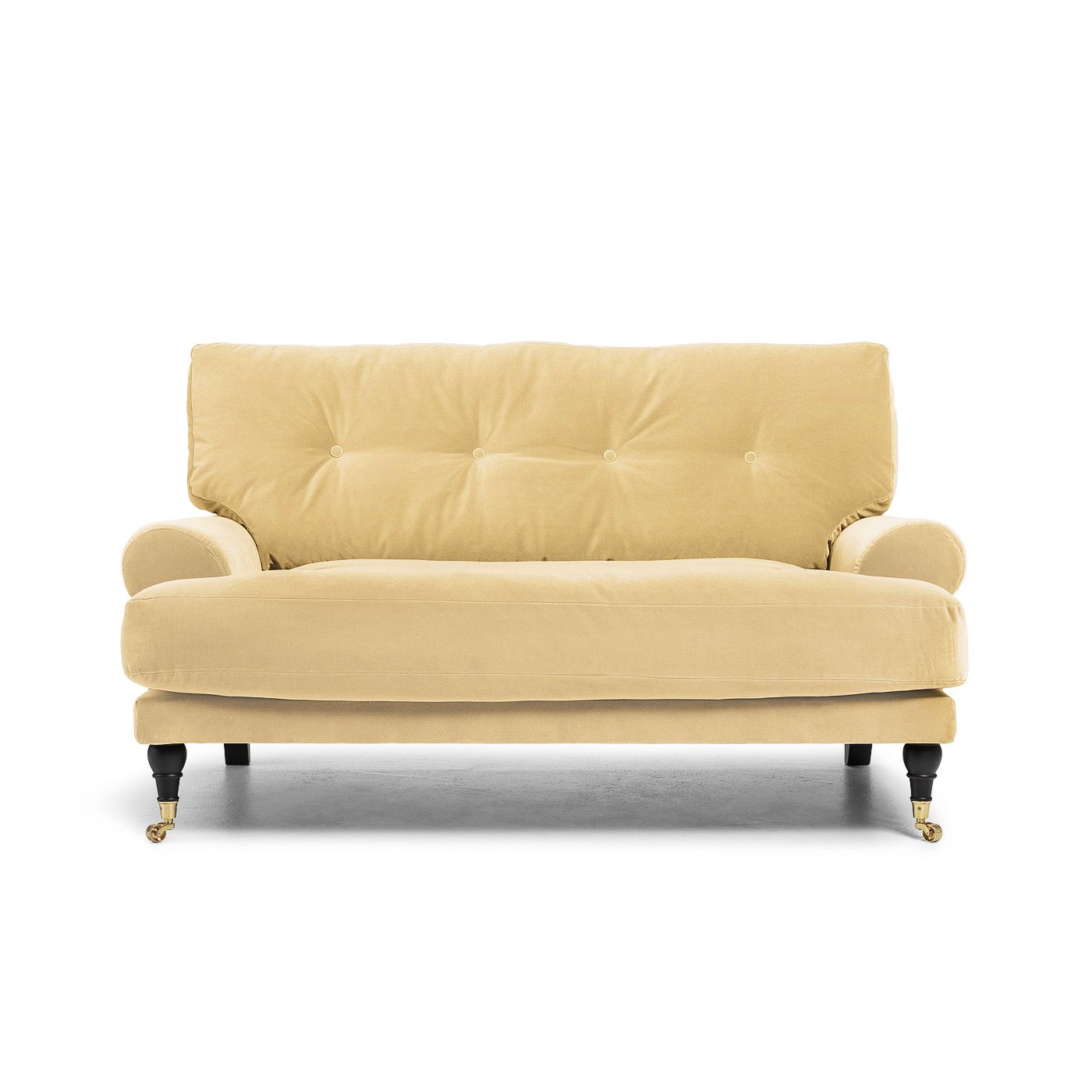 Blanca Love Seat Creme är en liten Howard-soffa i ljusgul sammet från Melimeli
