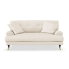 Blanca Love Seat Eggshell. Liten soffa i äggskalsvit bouclé med mörkbetsade träben, stoppade knappar och mässinghjul.