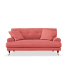 Blanca Love Seat Coral. Liten soffa i korallröd chenille med mörkbetsade träben, stoppade knappar och mässinghjul.