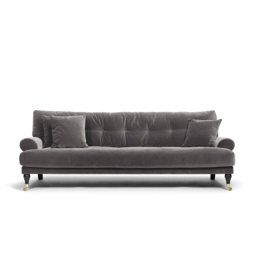 Blanca 3-Sitssoffa Greige är en Howard-soffa i grå sammet från Melimeli
