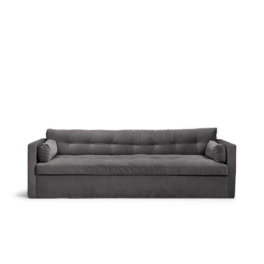 Dahlia Original 3-Sitssoffa Greige är en djup och bekväm soffa i grå sammet från Melimeli
