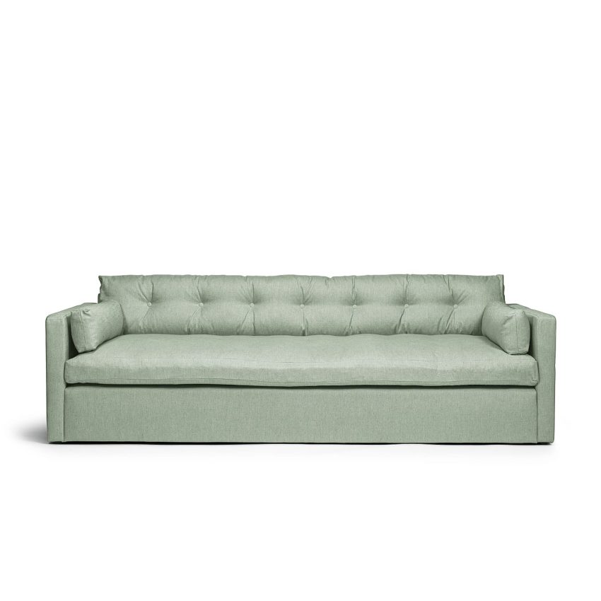 Dahlia Grande 3-Sitssoffa Pistage är en djup och bekväm soffa i grön linne från Melimeli