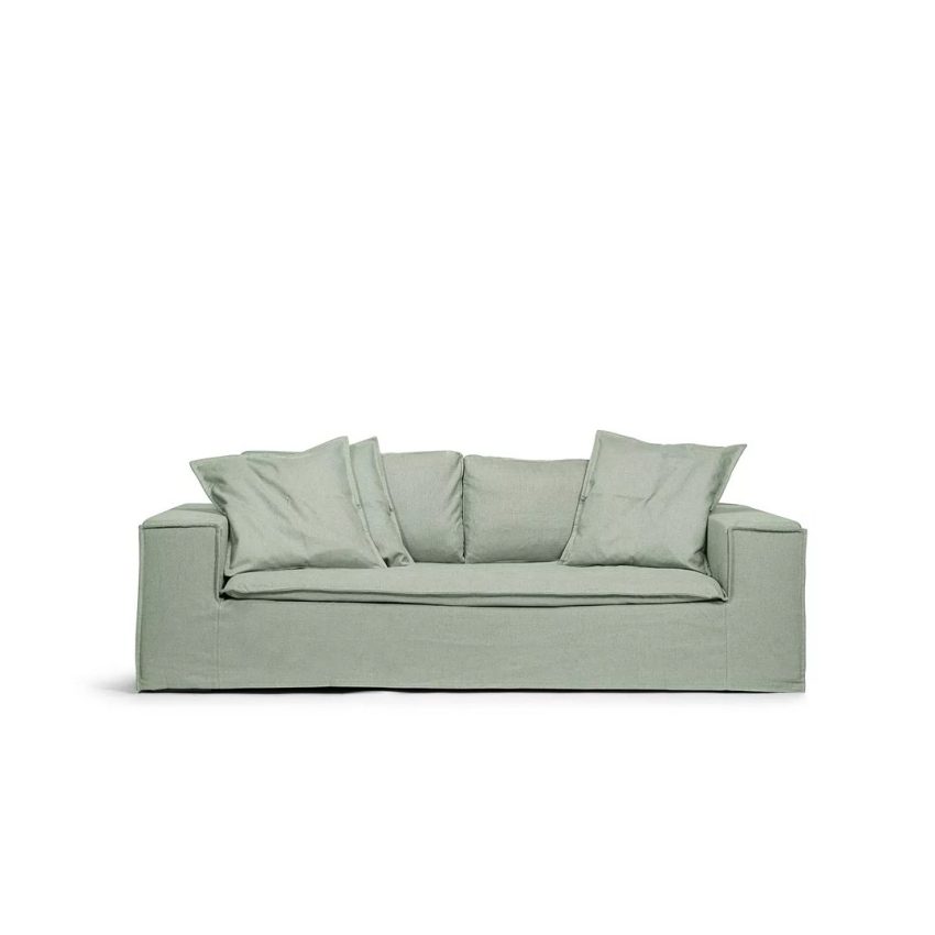 Luca 2-Sitssoffa Pistage är en grön soffa i linne från Melimeli