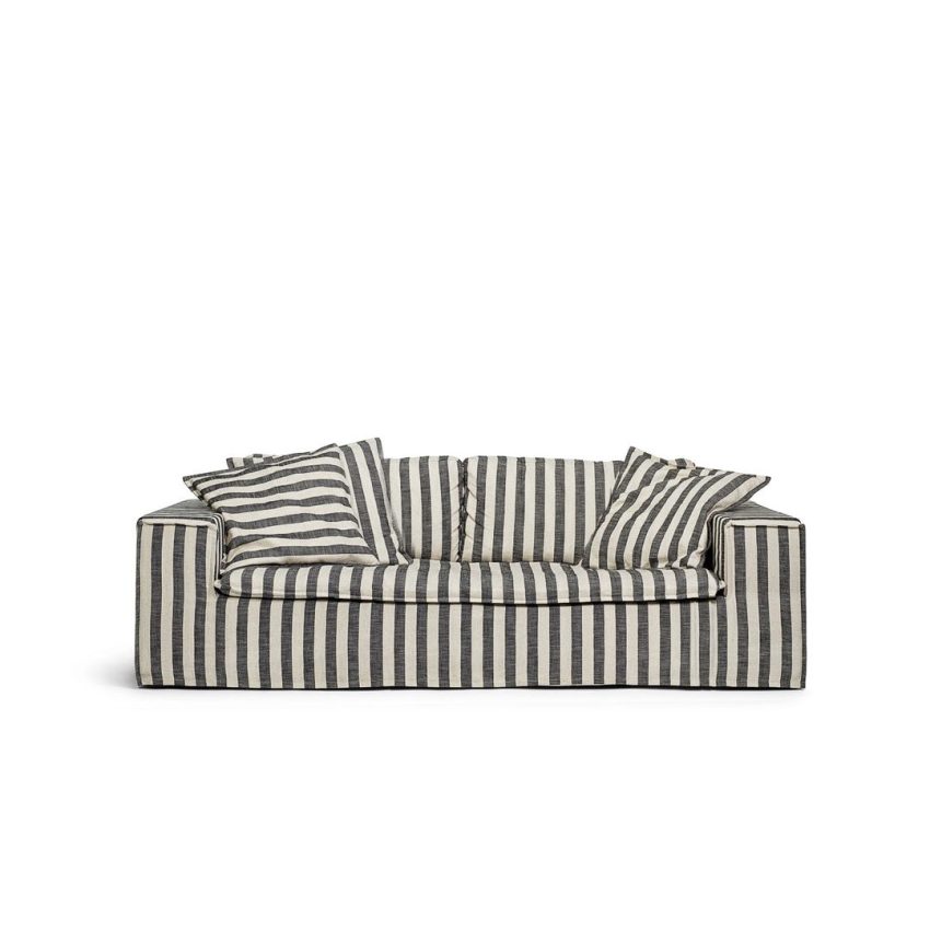 Luca 2-Sitssoffa Randig är en ljusgrå/beige soffa med svarta ränder i linne från Melimeli